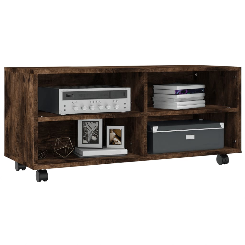 Tv-meubel met wieltjes 90x35x35 cm bewerkt hout gerookt eiken is nu te koop bij PeponiXL, paradijselijk wonen!