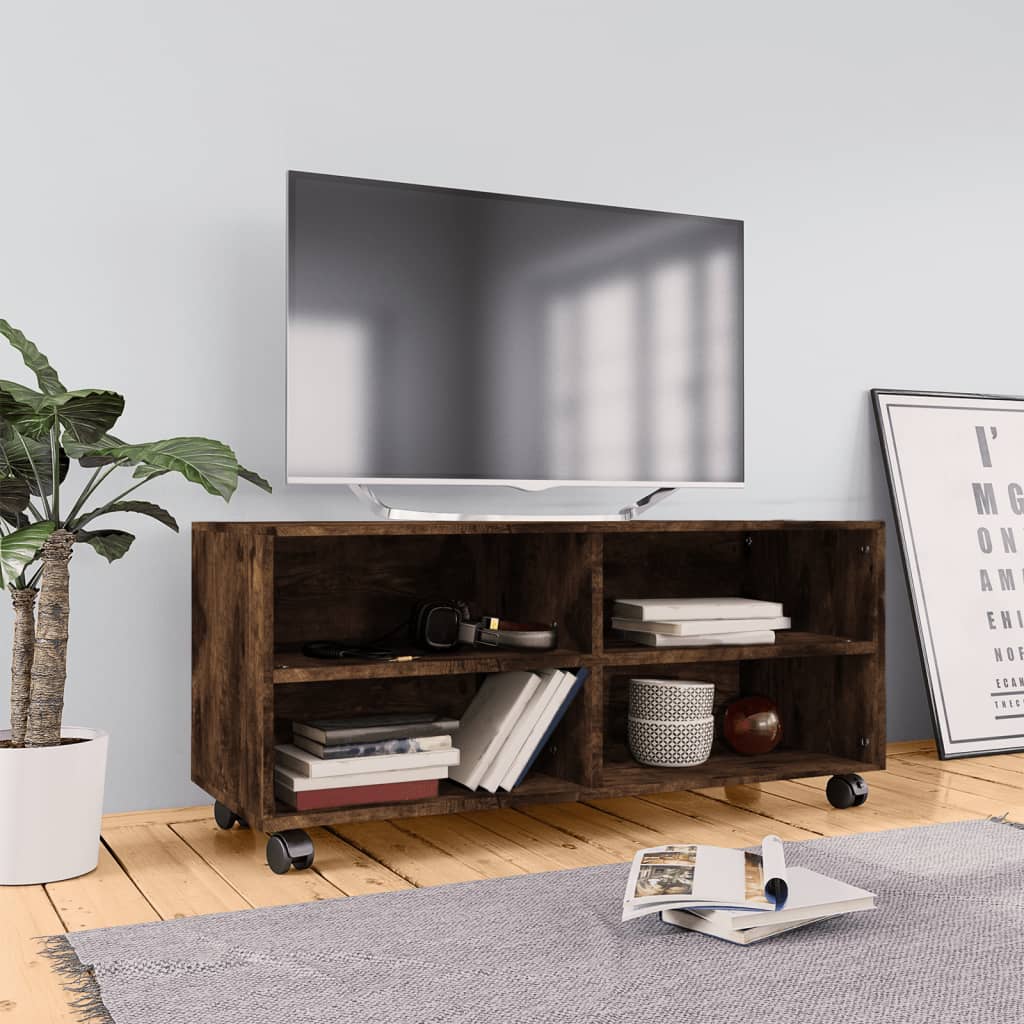Tv-meubel met wieltjes 90x35x35 cm bewerkt hout gerookt eiken is nu te koop bij PeponiXL, paradijselijk wonen!
