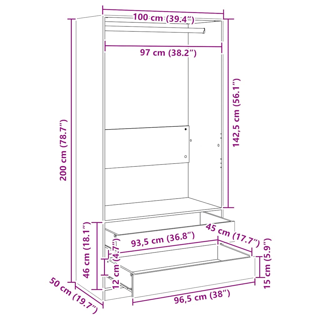 Kledingkast 100x50x200 cm bewerkt hout grijs sonoma eikenkleur is nu te koop bij PeponiXL, paradijselijk wonen!