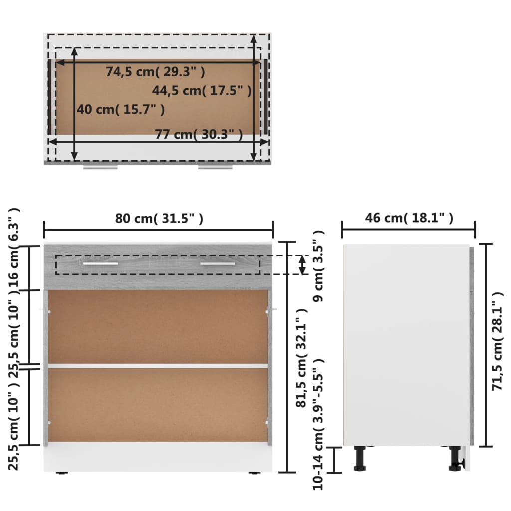 Onderkast met lade 80x46x81,5 cm bewerkt hout grijs sonoma is nu te koop bij PeponiXL, paradijselijk wonen!