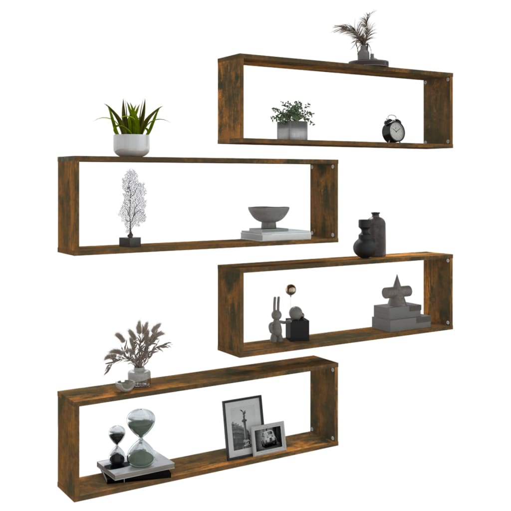 Wandschappen kubus 4 st 100x15x30 cm bewerkt hout gerookt eiken is nu te koop bij PeponiXL, paradijselijk wonen!