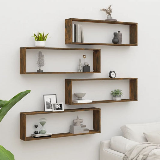 Wandschappen kubus 4 st 100x15x30 cm bewerkt hout gerookt eiken is nu te koop bij PeponiXL, paradijselijk wonen!
