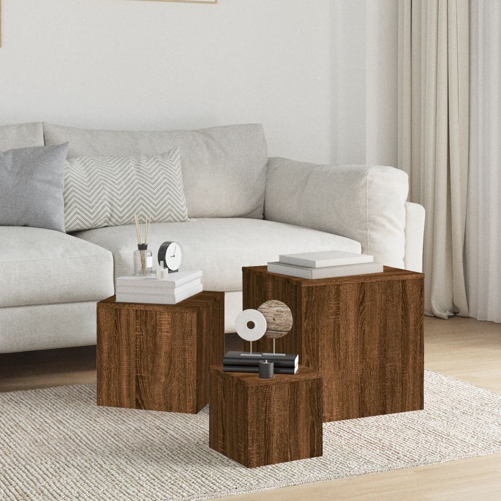 Bijzettafels 3 st bewerkt hout bruin eikenkleur is nu te koop bij PeponiXL, paradijselijk wonen!