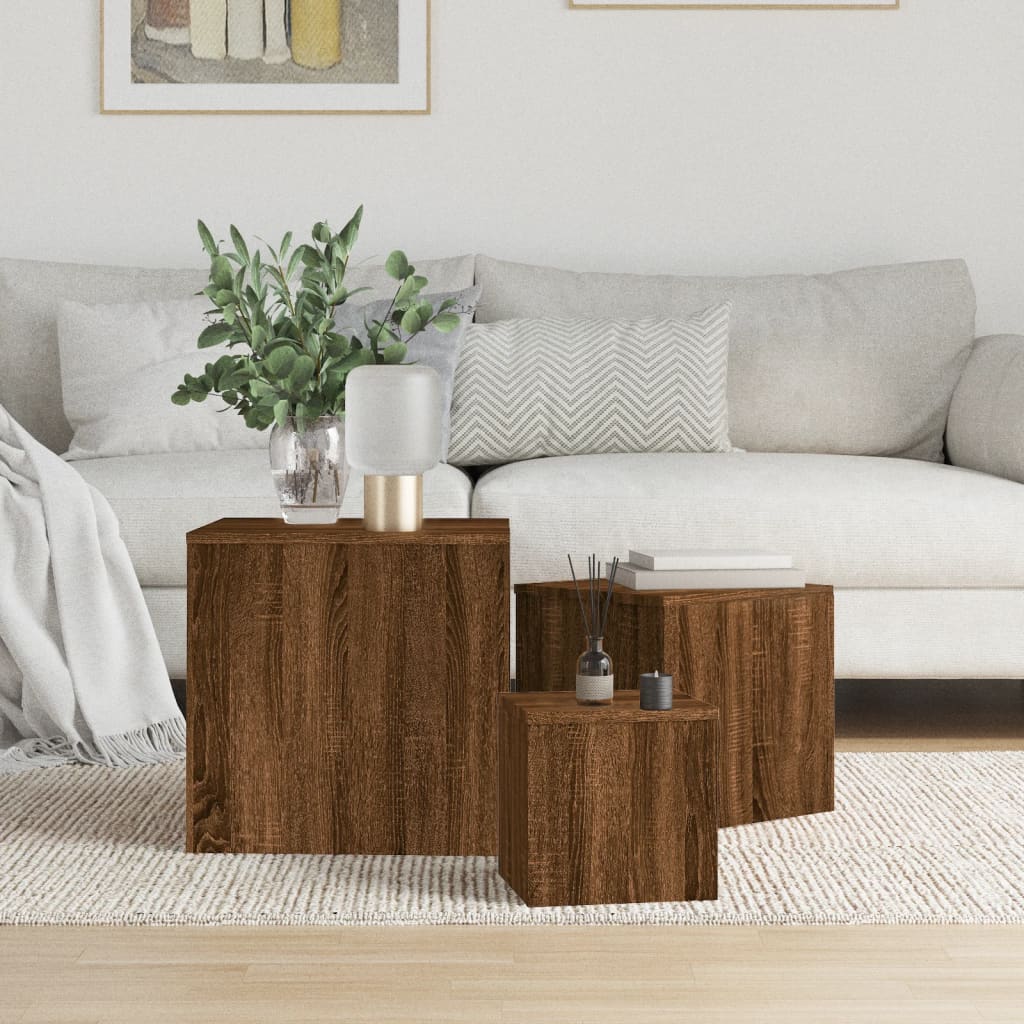 Bijzettafels 3 st bewerkt hout bruin eikenkleur is nu te koop bij PeponiXL, paradijselijk wonen!