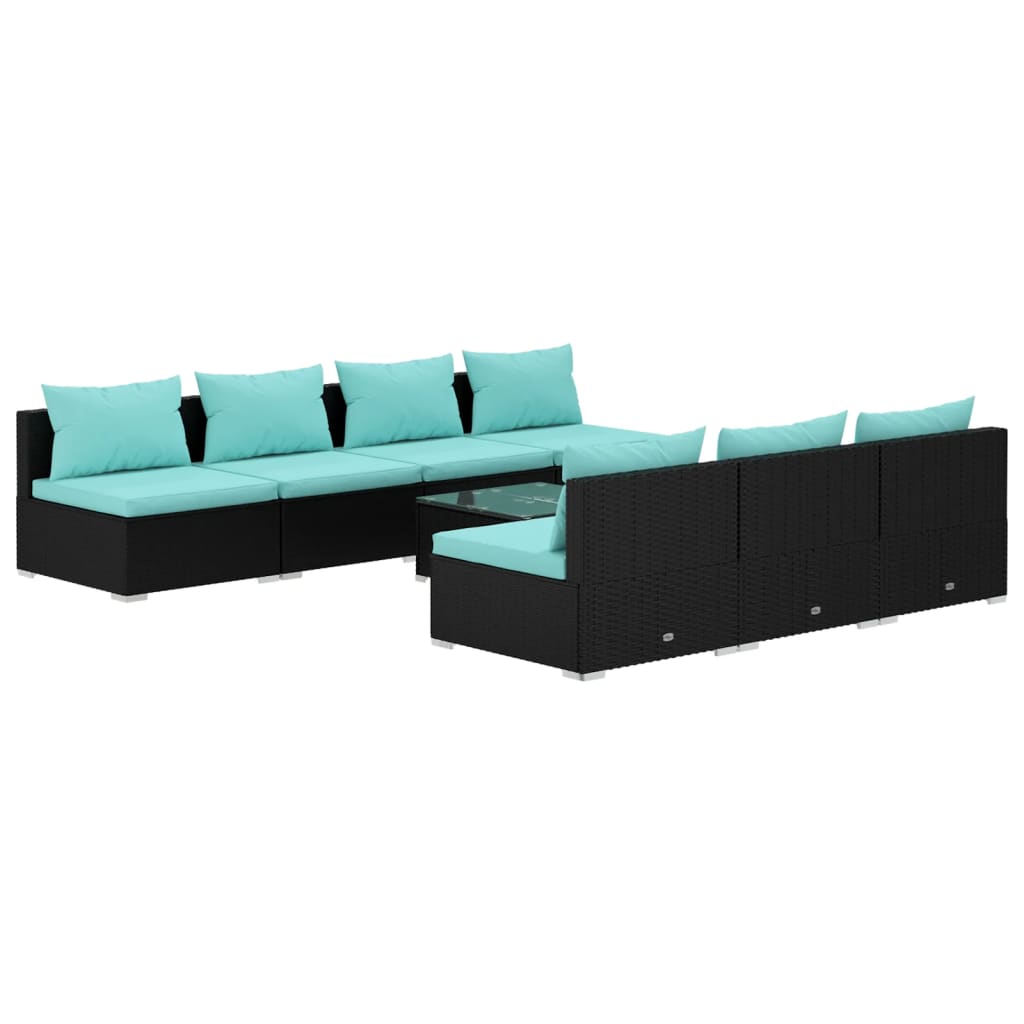 8-delige Loungeset met kussens poly rattan zwart