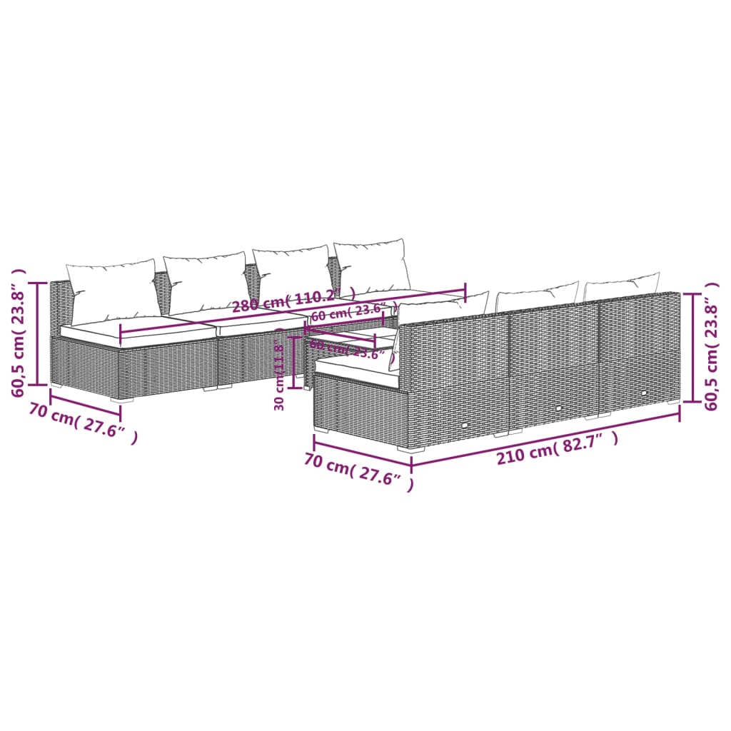 8-delige Loungeset met kussens poly rattan zwart