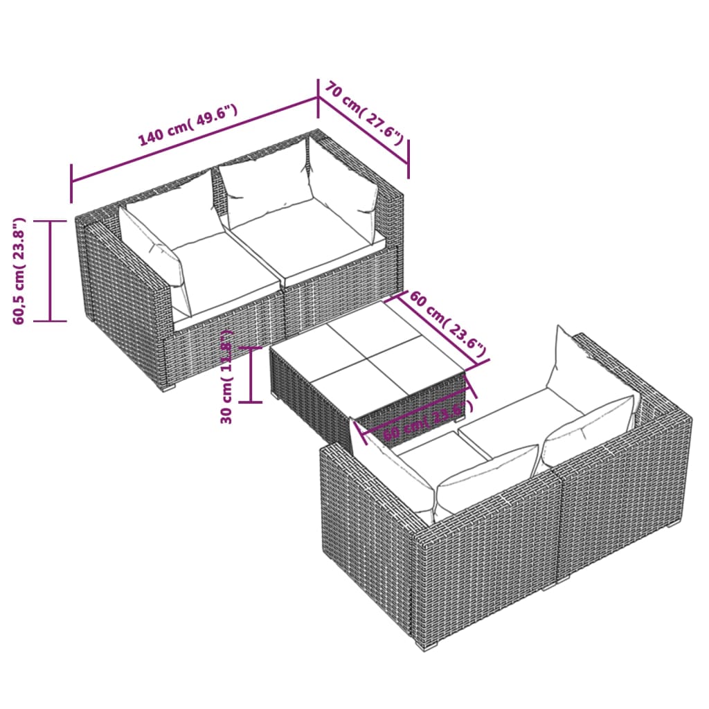 5-delige Loungeset met kussens poly rattan bruin is nu te koop bij PeponiXL, paradijselijk wonen!