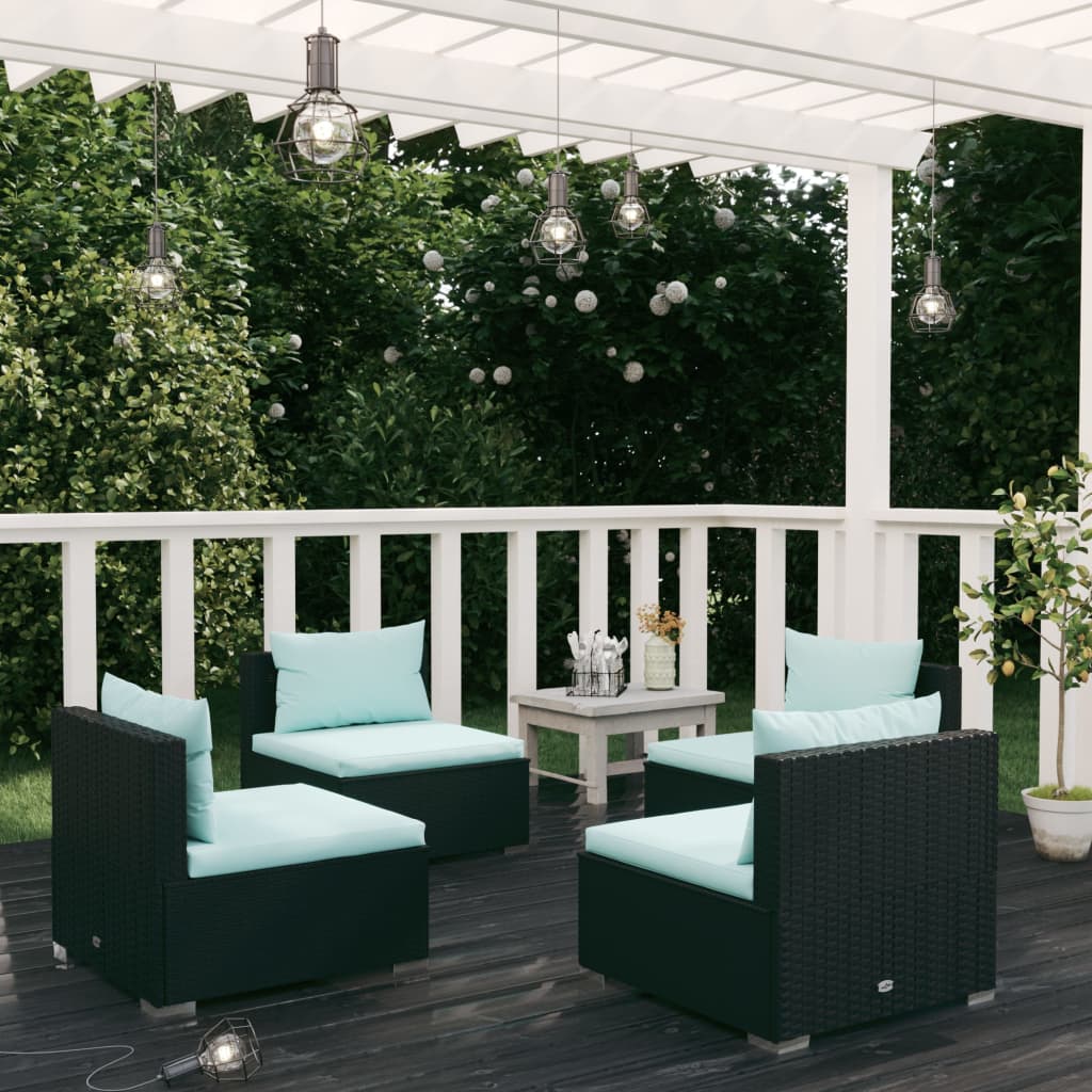 4-delige Loungeset met kussens poly rattan zwart