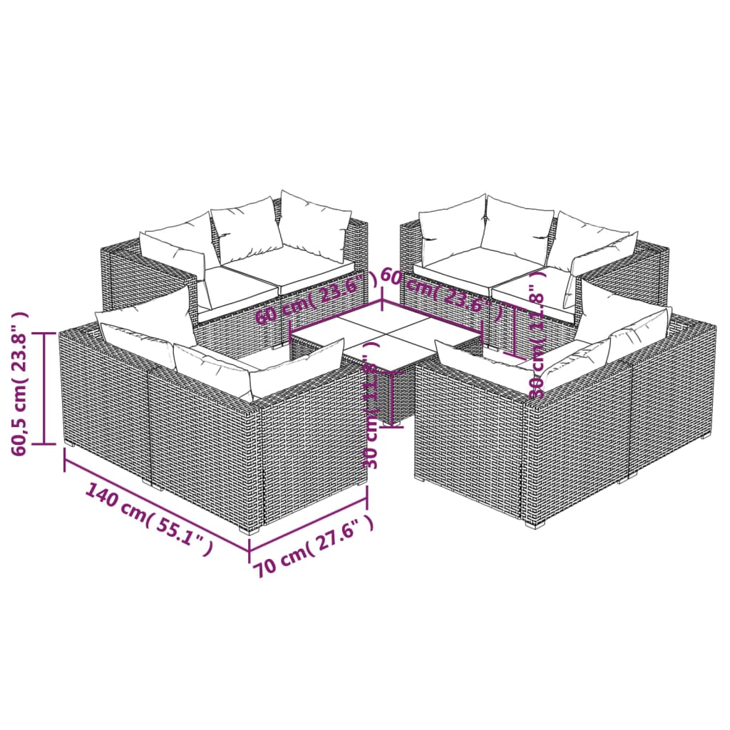 9-delige Loungeset met kussens poly rattan zwart is nu te koop bij PeponiXL, paradijselijk wonen!