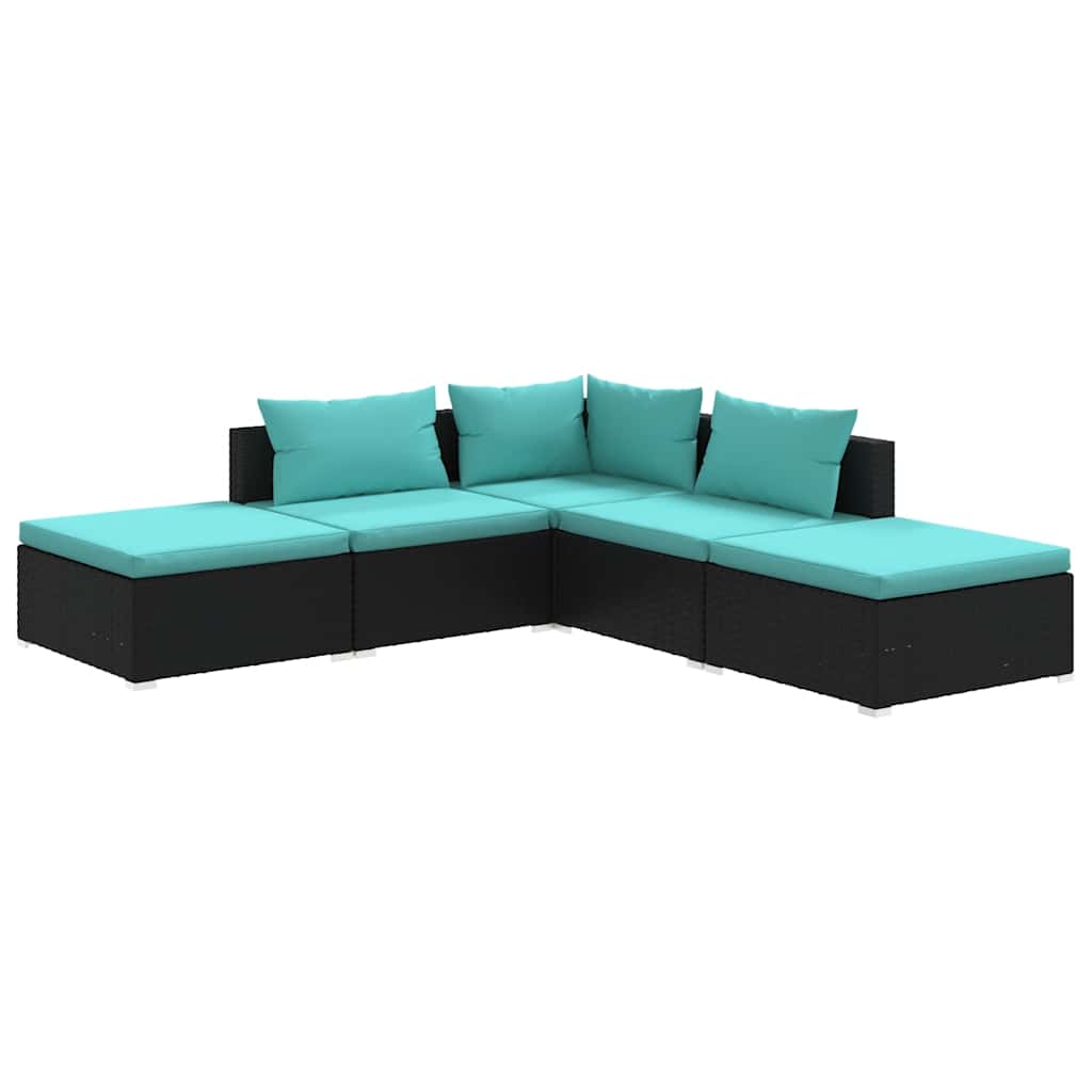 5-delige Loungeset met kussens poly rattan zwart is nu te koop bij PeponiXL, paradijselijk wonen!