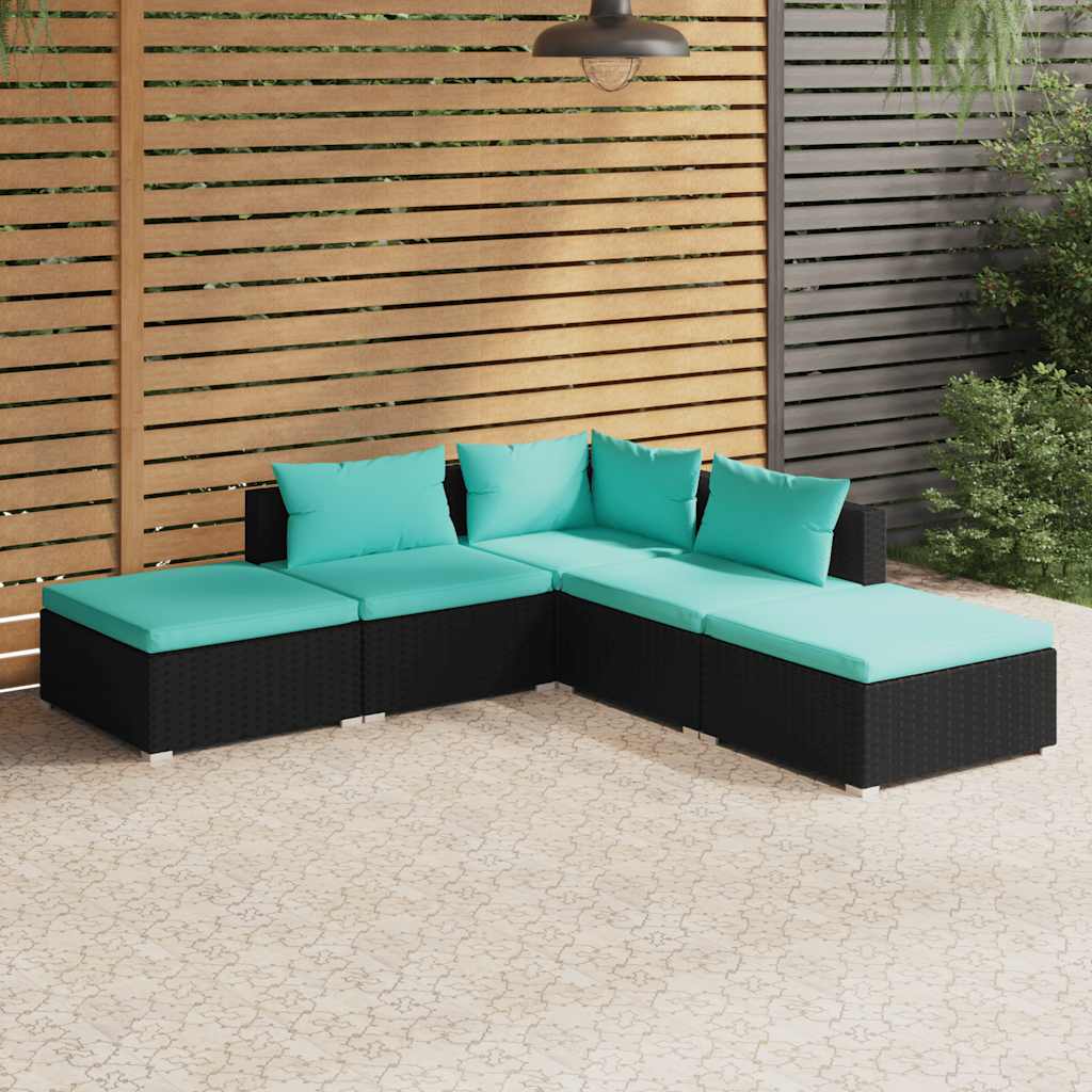 5-delige Loungeset met kussens poly rattan zwart is nu te koop bij PeponiXL, paradijselijk wonen!