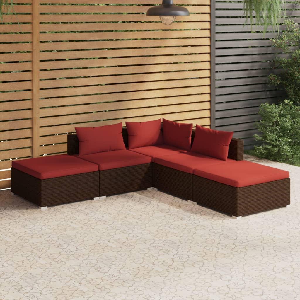 5-delige Loungeset met kussens poly rattan bruin is nu te koop bij PeponiXL, paradijselijk wonen!