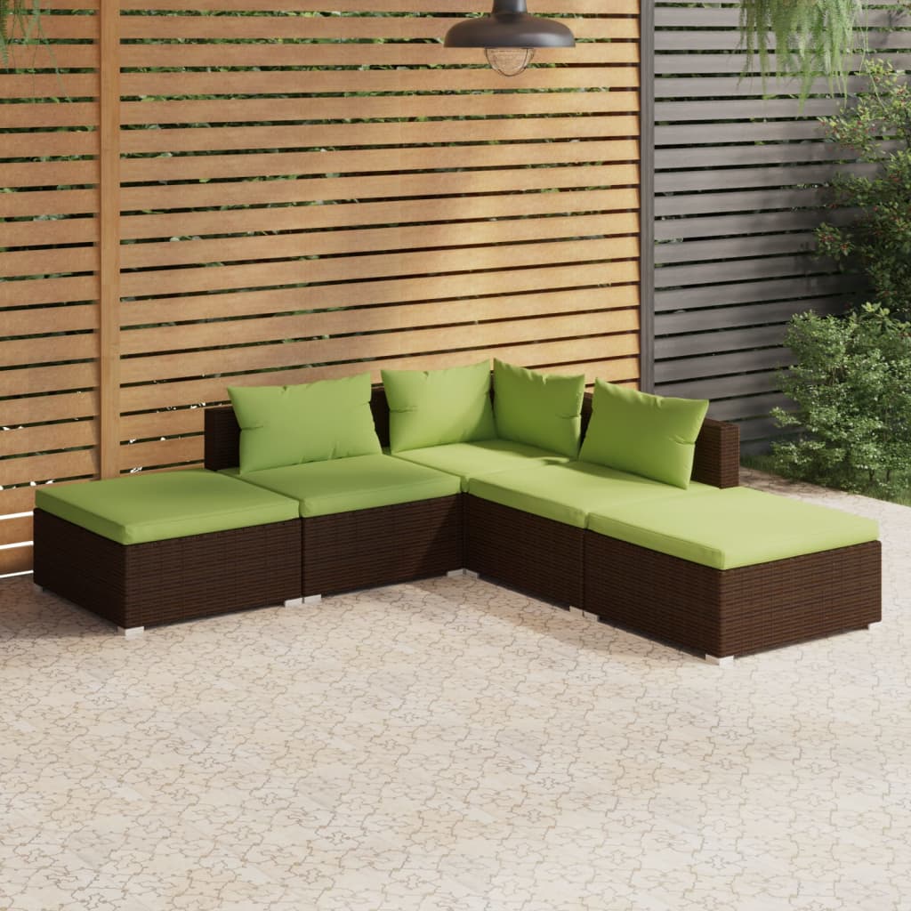 5-delige Loungeset met kussens poly rattan bruin is nu te koop bij PeponiXL, paradijselijk wonen!