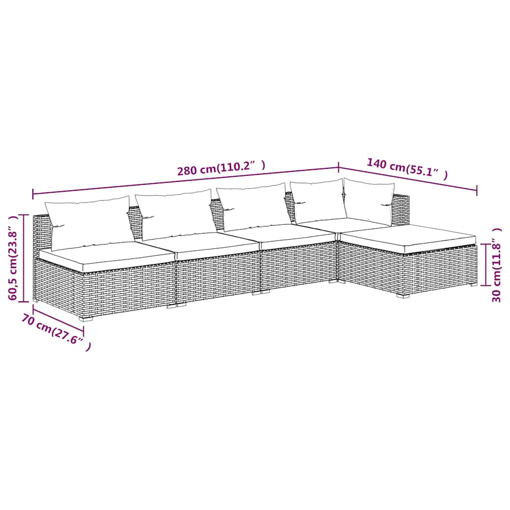 5-delige Loungeset met kussens poly rattan bruin is nu te koop bij PeponiXL, paradijselijk wonen!