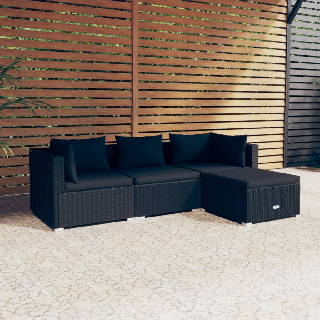 4-delige Loungeset met kussens poly rattan zwart is nu te koop bij PeponiXL, paradijselijk wonen!