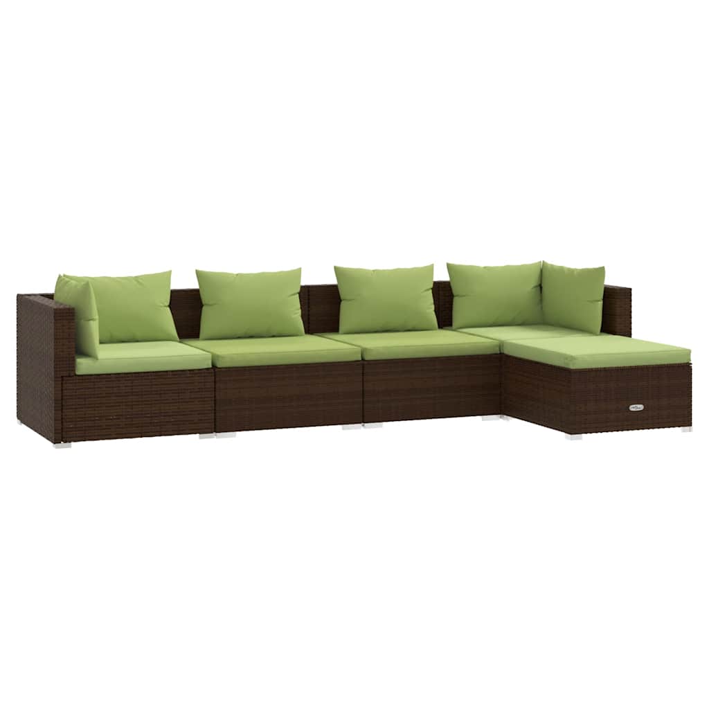 5-delige Loungeset met kussens poly rattan bruin