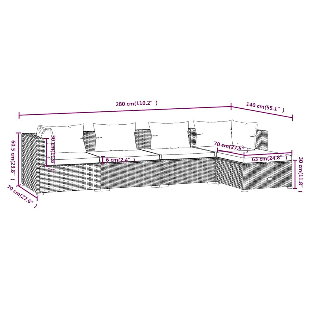 5-delige Loungeset met kussens poly rattan bruin