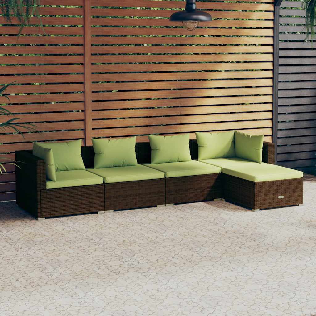 5-delige Loungeset met kussens poly rattan bruin
