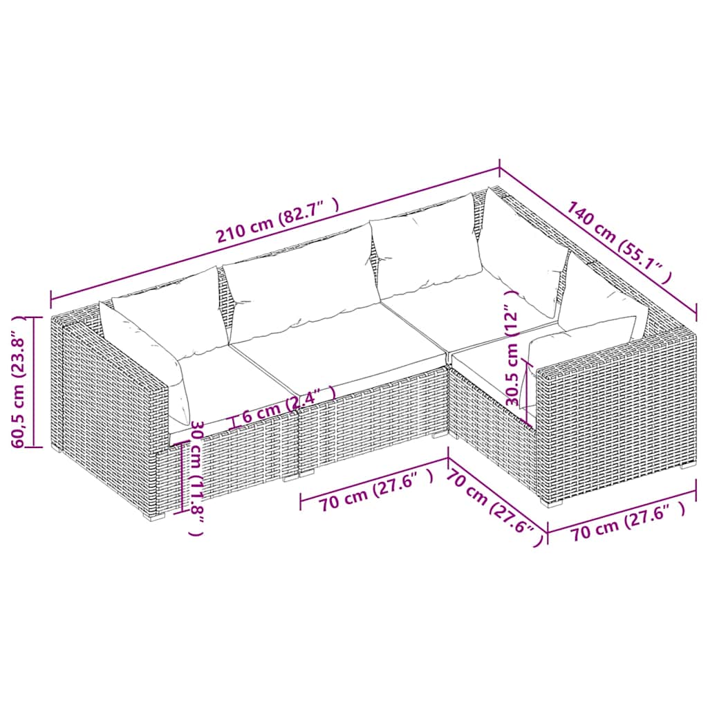 4-delige Loungeset met kussens poly rattan bruin