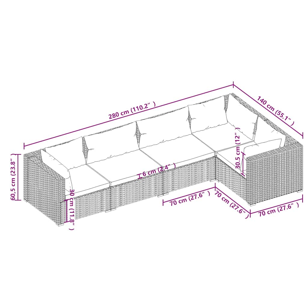 5-delige Loungeset met kussens poly rattan bruin is nu te koop bij PeponiXL, paradijselijk wonen!