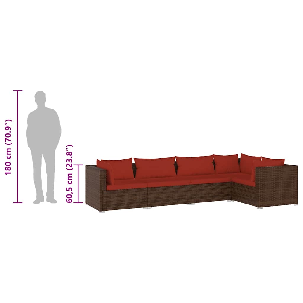 5-delige Loungeset met kussens poly rattan bruin is nu te koop bij PeponiXL, paradijselijk wonen!