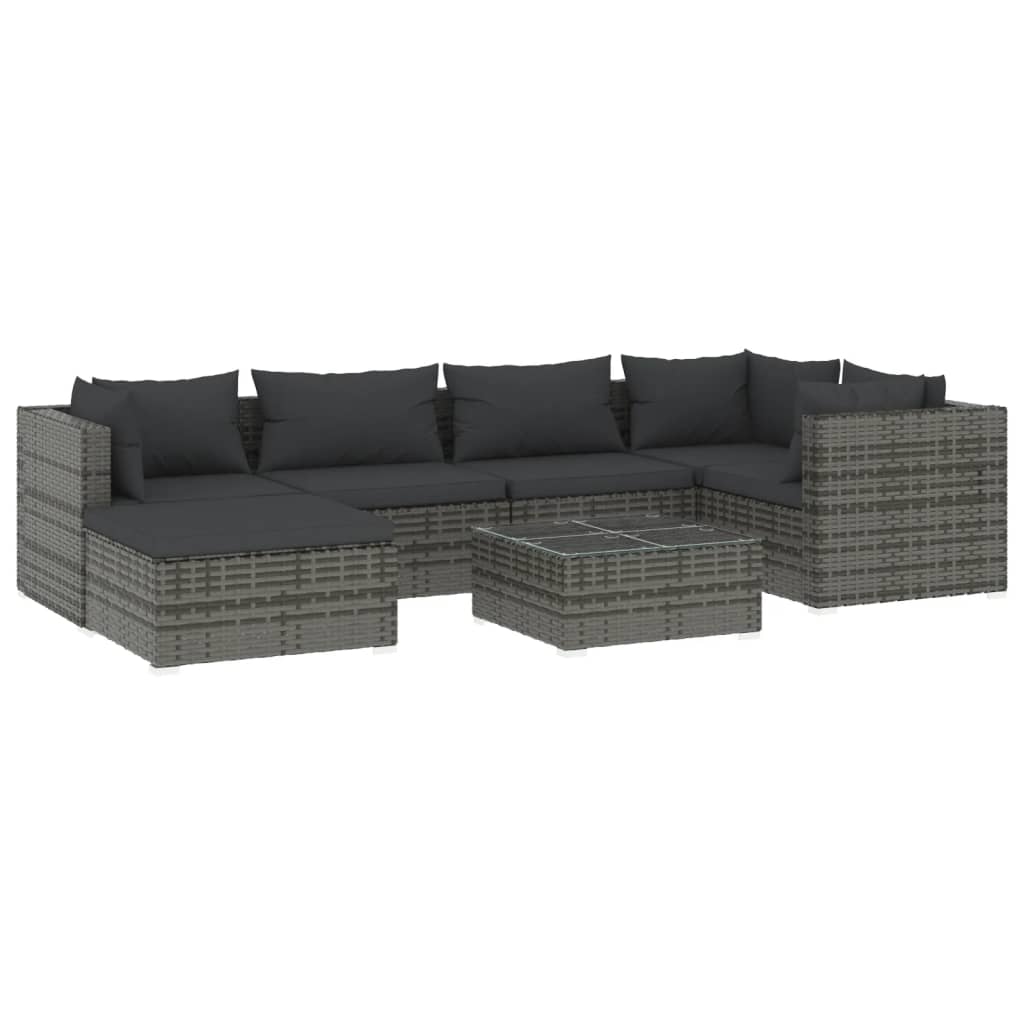 7-delige Loungeset met kussens poly rattan grijs