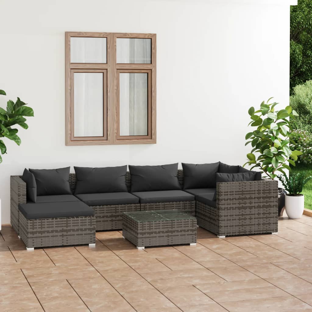 7-delige Loungeset met kussens poly rattan grijs