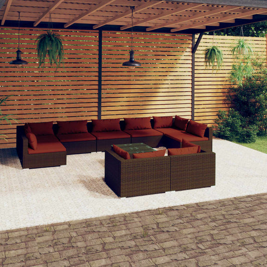 10-delige Loungeset met kussens poly rattan bruin is nu te koop bij PeponiXL, paradijselijk wonen!