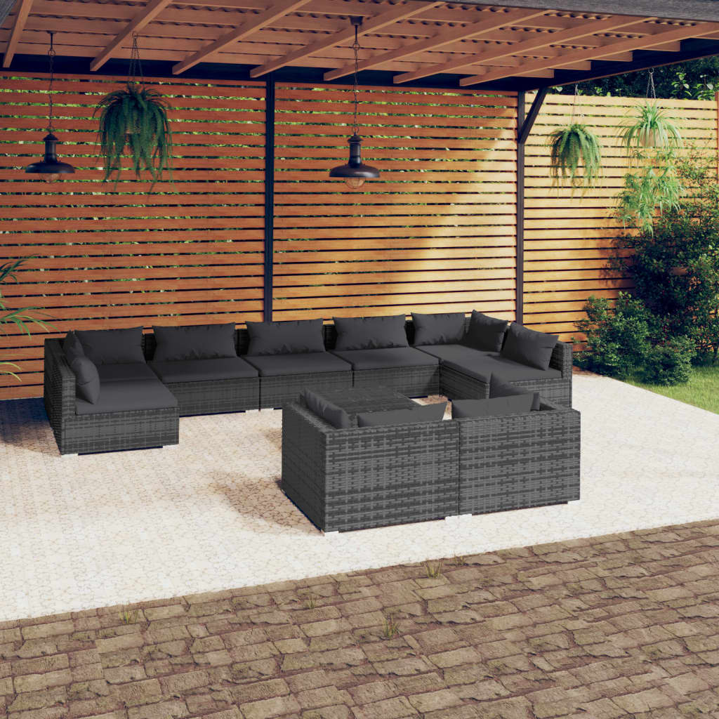 10-delige Loungeset met kussens poly rattan grijs is nu te koop bij PeponiXL, paradijselijk wonen!