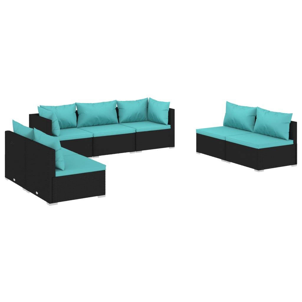 7-delige Loungeset met kussens poly rattan zwart