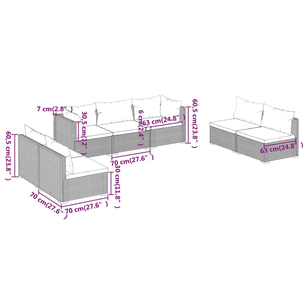 7-delige Loungeset met kussens poly rattan zwart