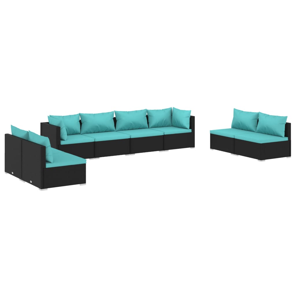 8-delige Loungeset met kussens poly rattan zwart