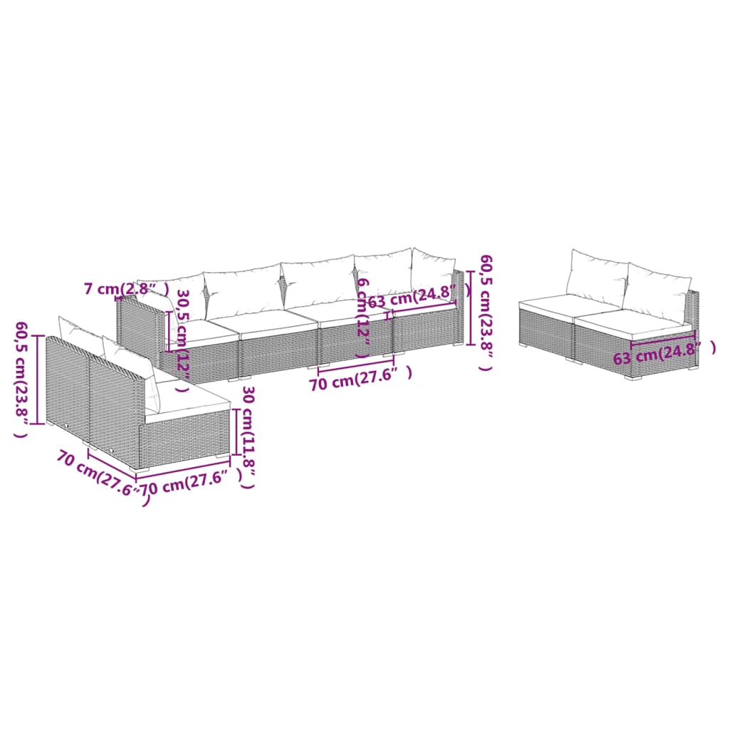 8-delige Loungeset met kussens poly rattan zwart