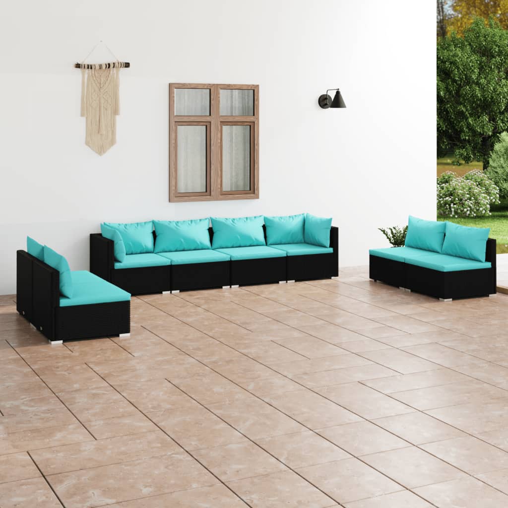 8-delige Loungeset met kussens poly rattan zwart