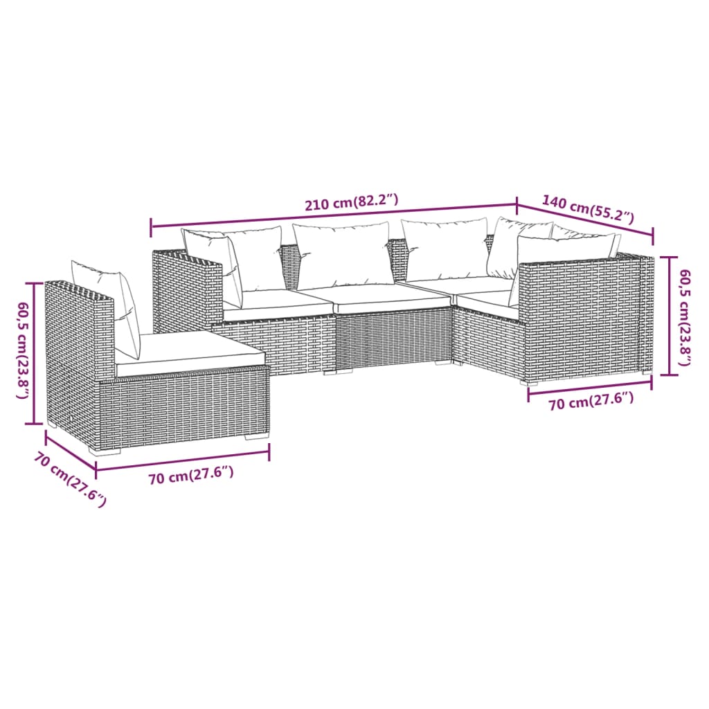 5-delige Loungeset met kussens poly rattan bruin is nu te koop bij PeponiXL, paradijselijk wonen!