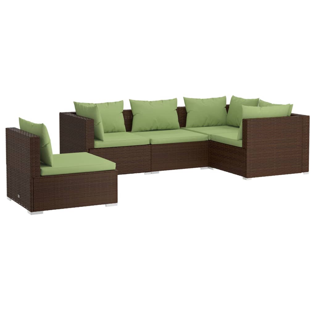 5-delige Loungeset met kussens poly rattan bruin
