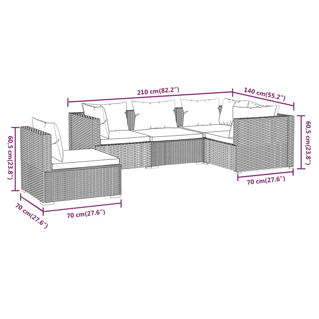5-delige Loungeset met kussens poly rattan bruin