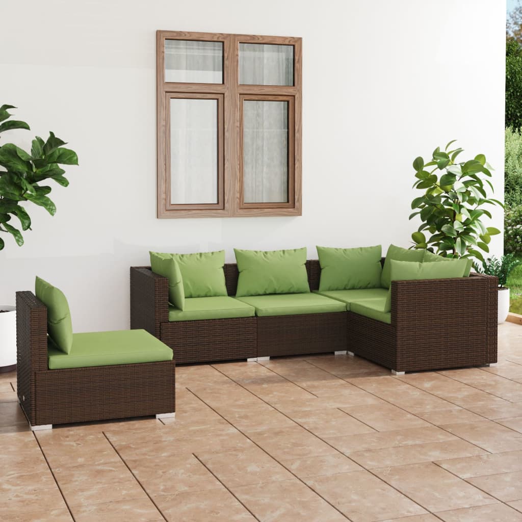 5-delige Loungeset met kussens poly rattan bruin