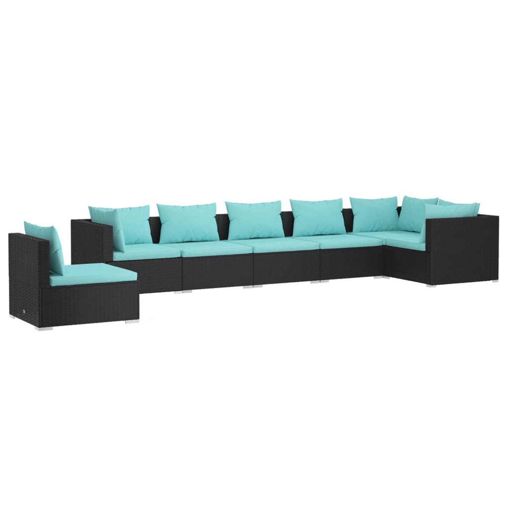 7-delige Loungeset met kussens poly rattan zwart
