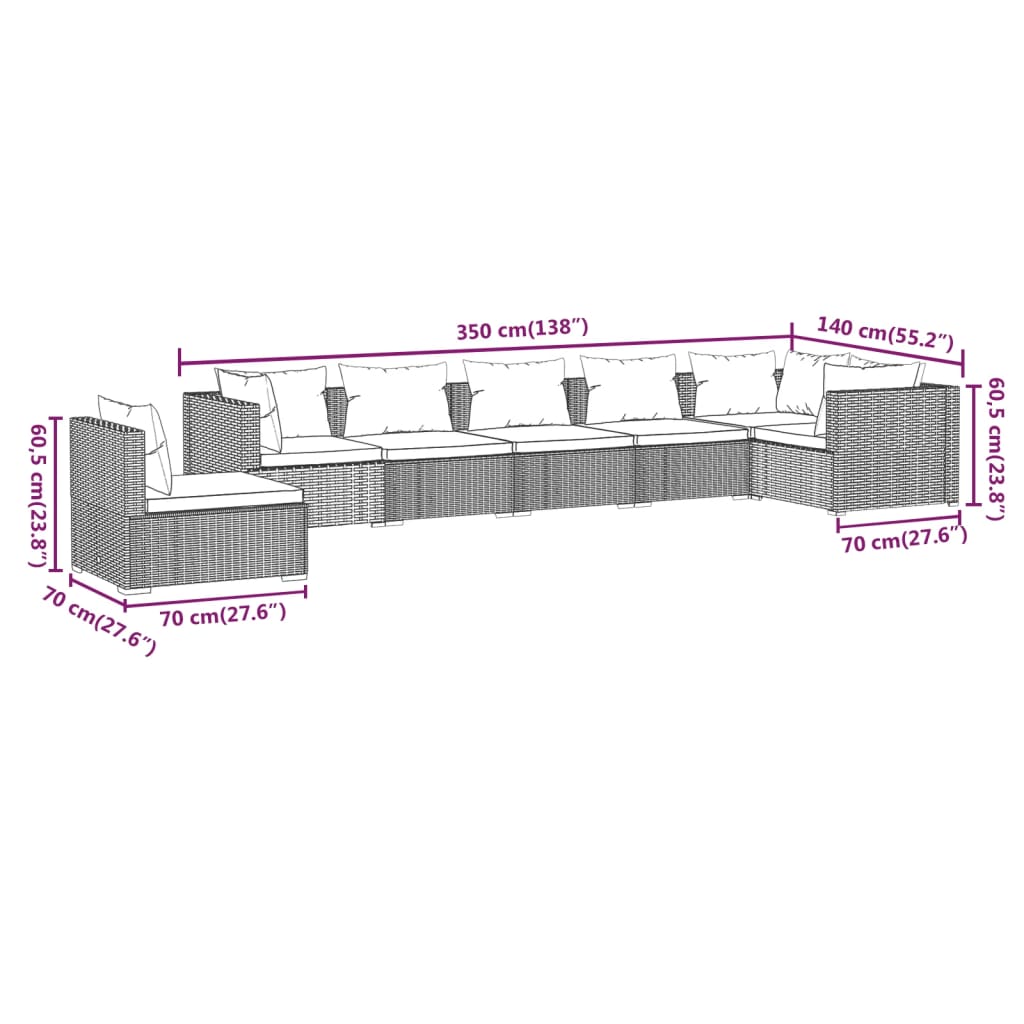 7-delige Loungeset met kussens poly rattan zwart