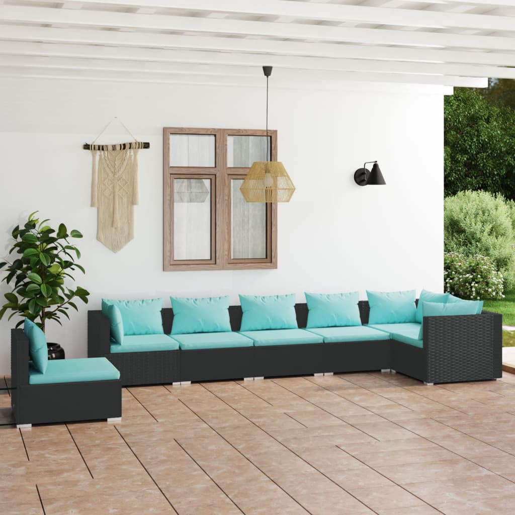 7-delige Loungeset met kussens poly rattan zwart