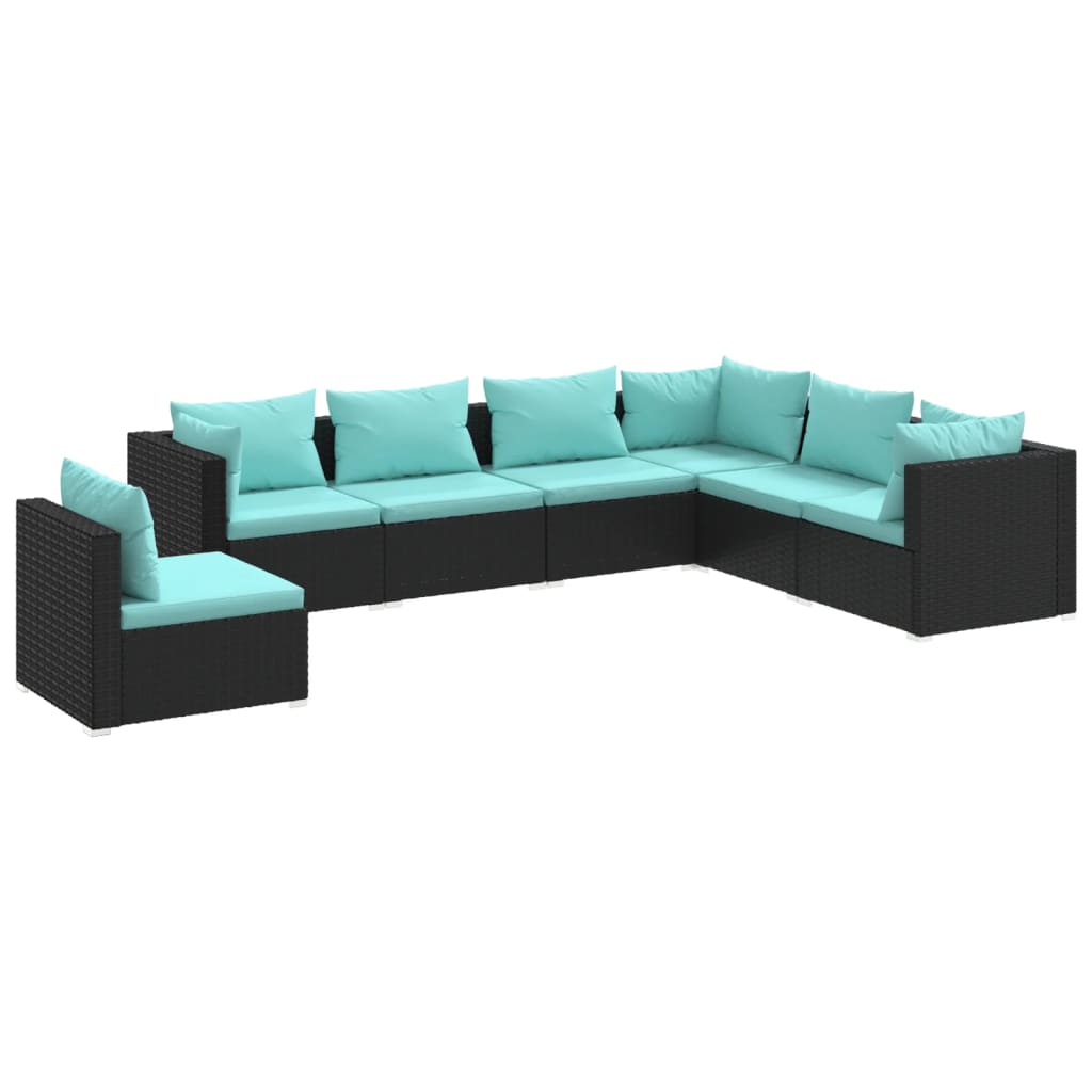 7-delige Loungeset met kussens poly rattan zwart