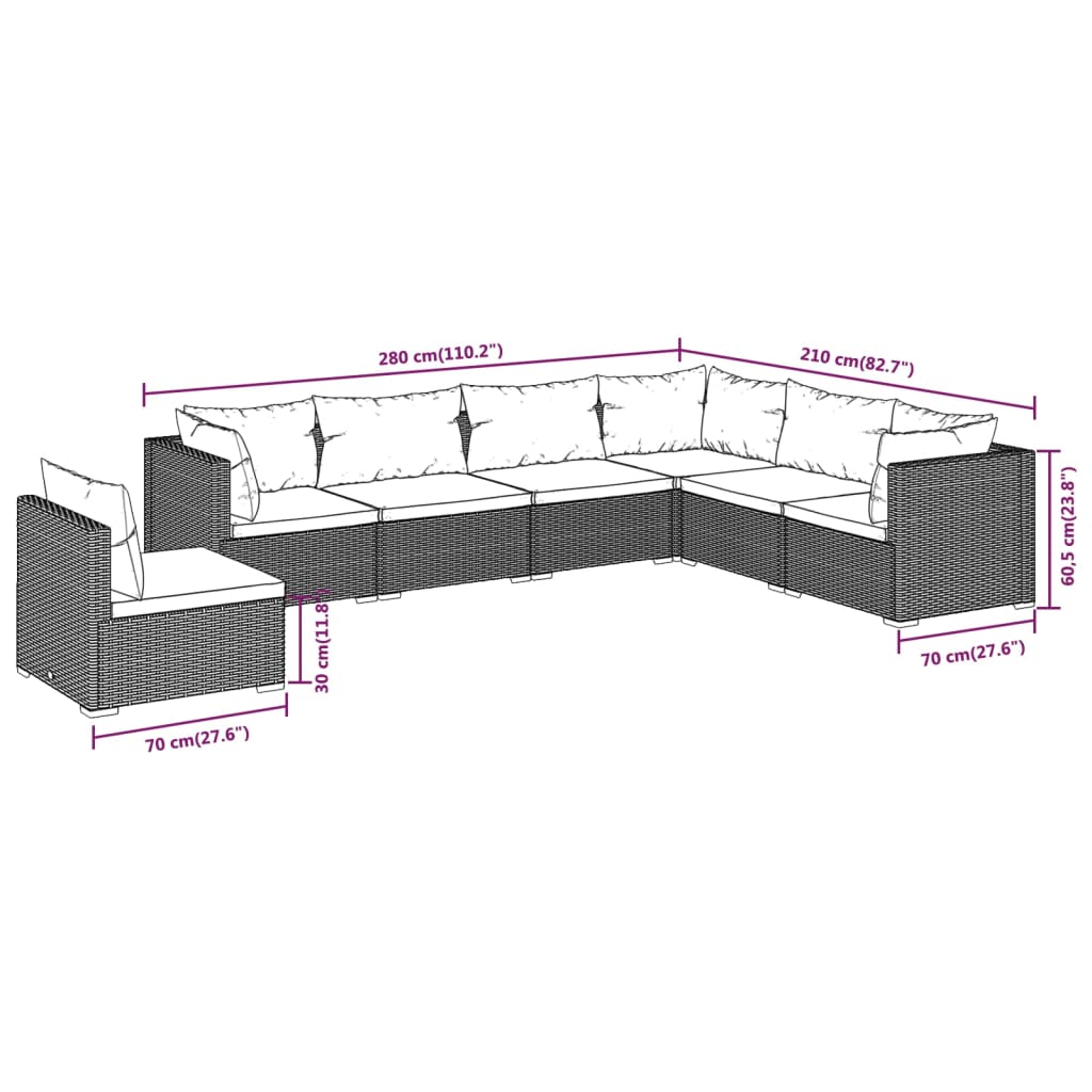 7-delige Loungeset met kussens poly rattan zwart