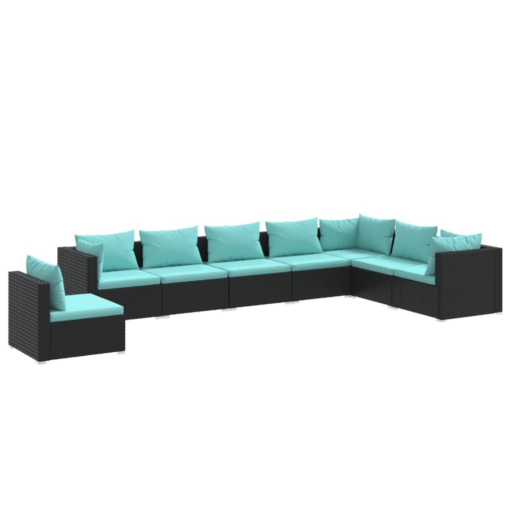 8-delige Loungeset met kussens poly rattan zwart