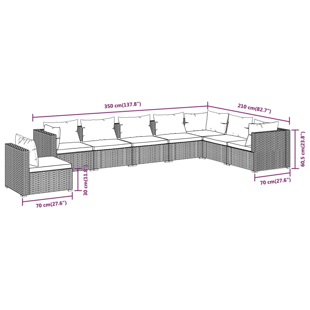 8-delige Loungeset met kussens poly rattan zwart