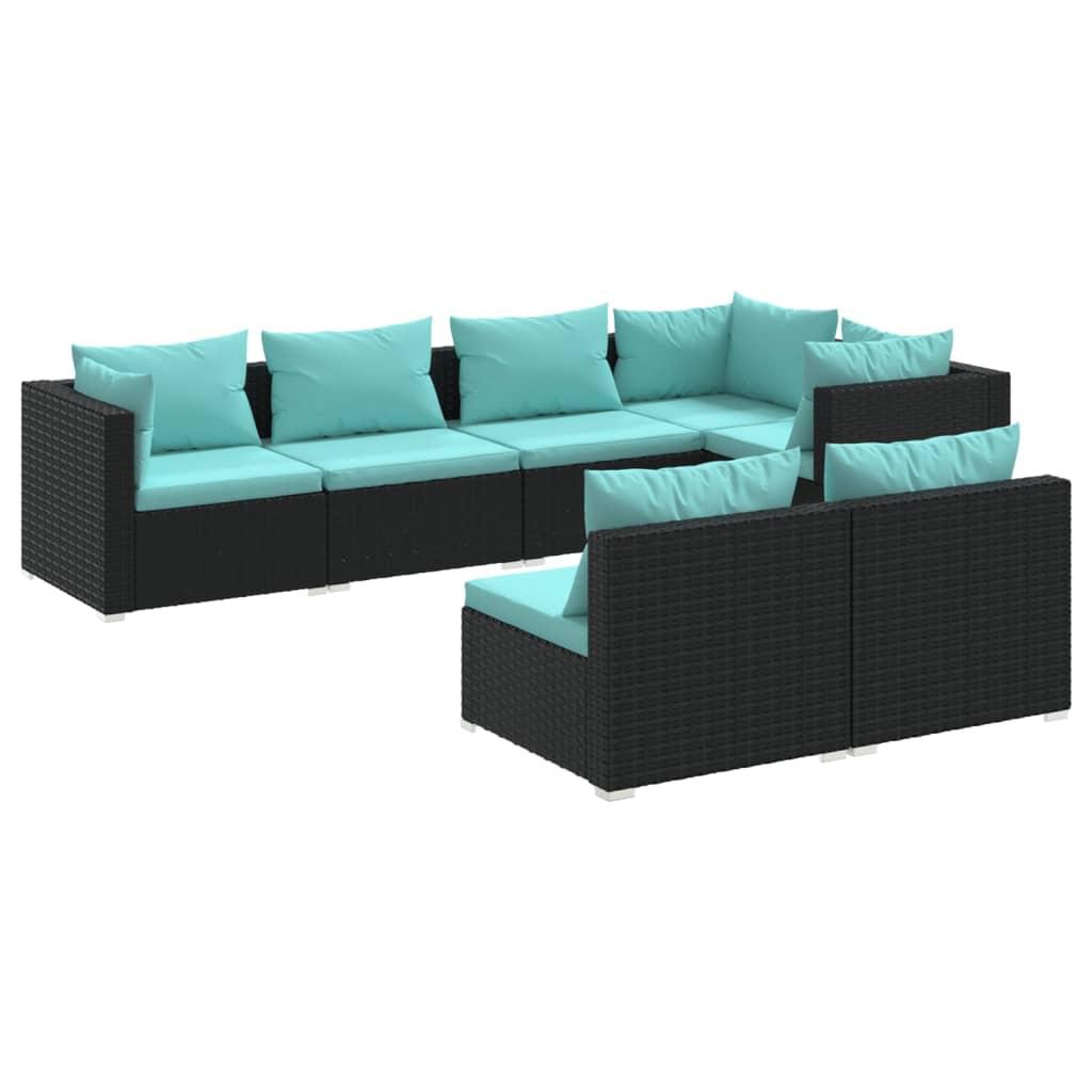 7-delige Loungeset met kussens poly rattan zwart