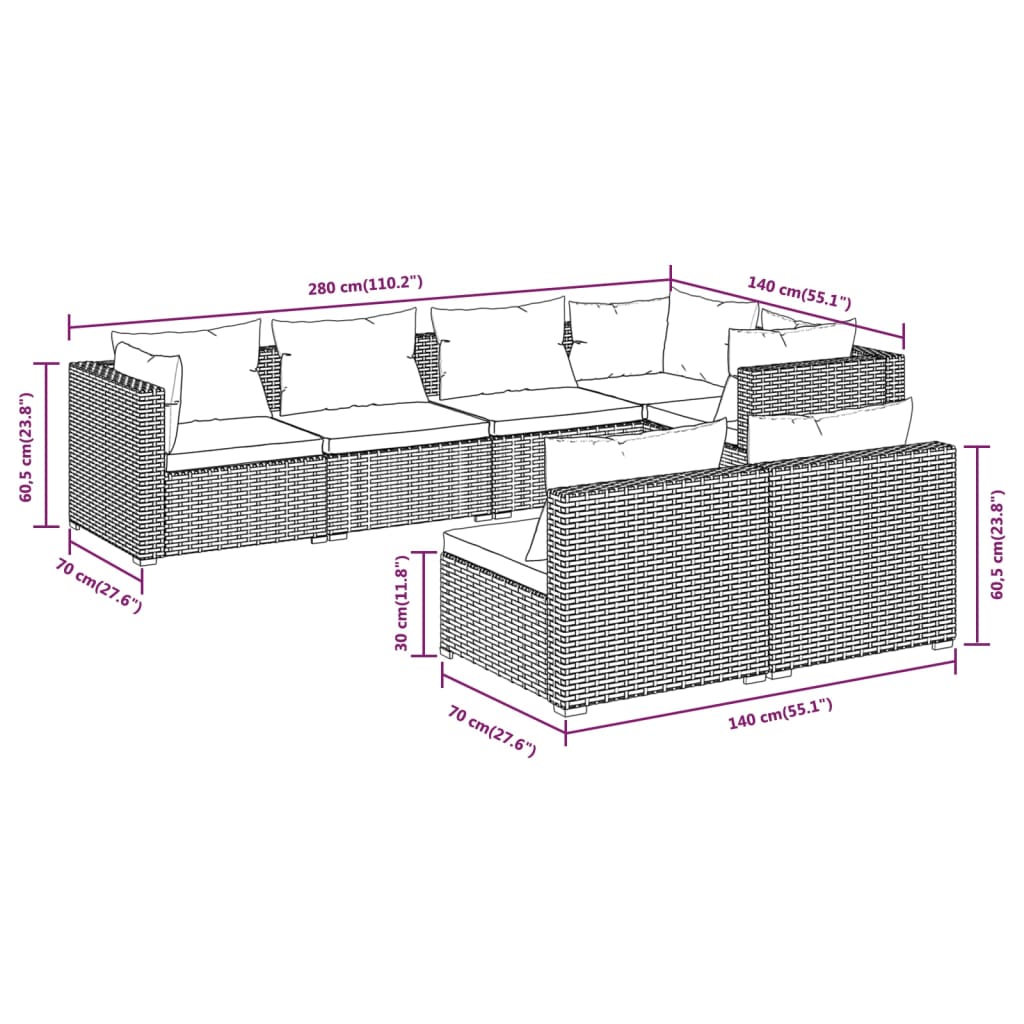 7-delige Loungeset met kussens poly rattan zwart