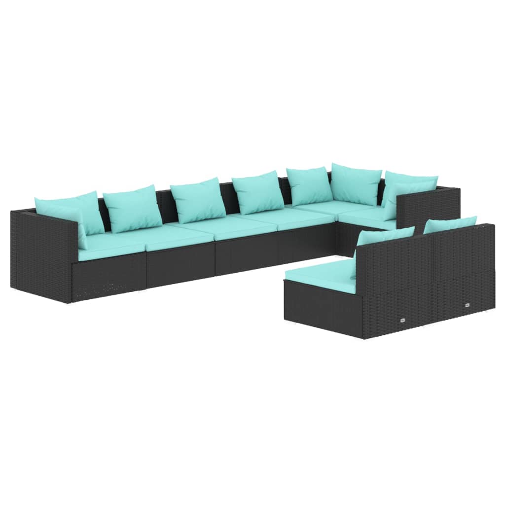 8-delige Loungeset met kussens poly rattan zwart