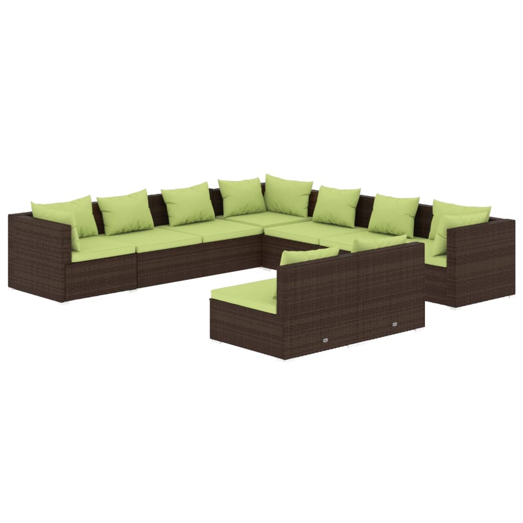 9-delige Loungeset met kussens poly rattan bruin