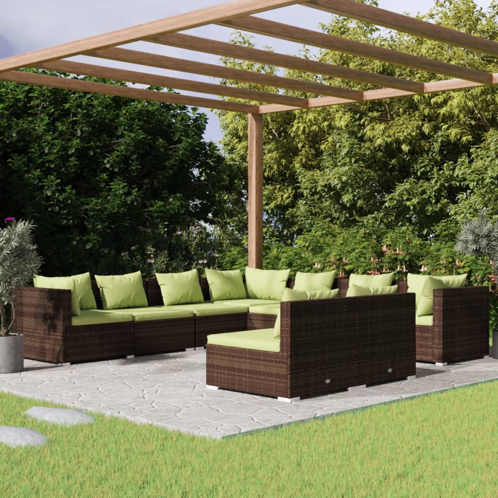 9-delige Loungeset met kussens poly rattan bruin